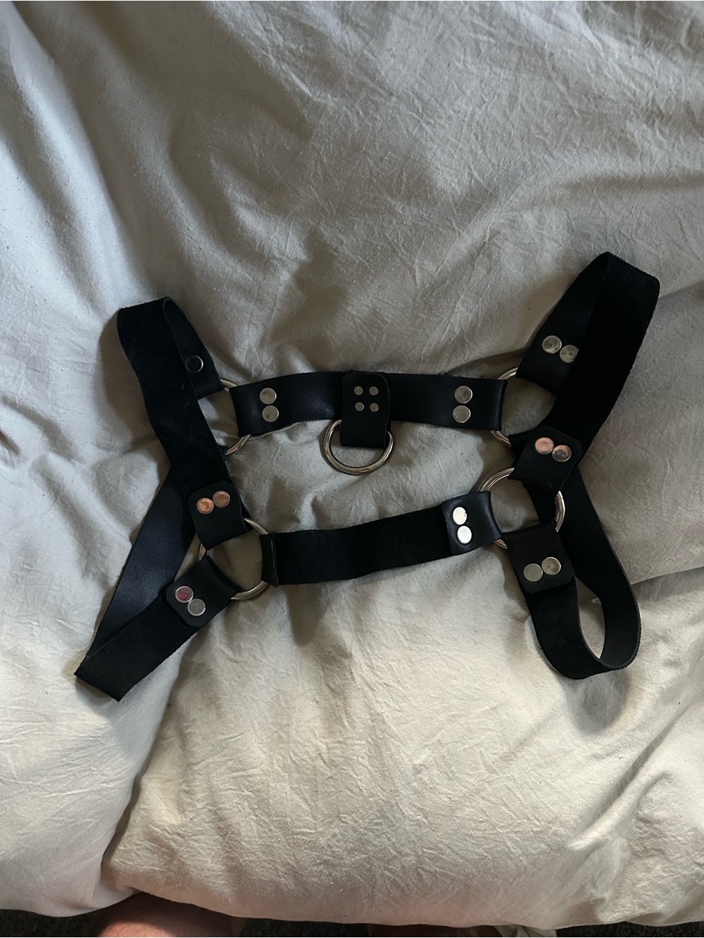 Black Leather Strap Harness with Silver Rings
